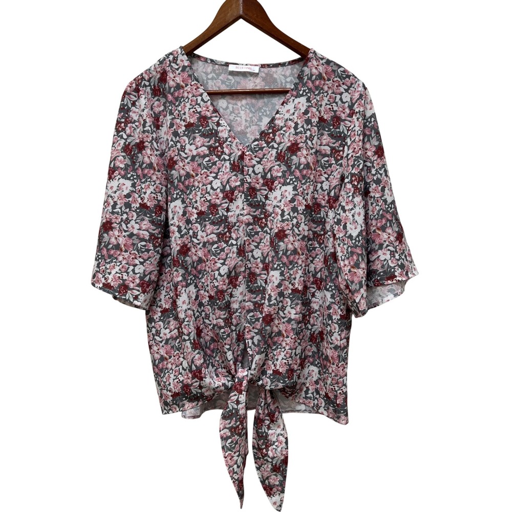 Womens Pink Grey Floral Tie Front V-Neck Kimono Sleeve Blouse Size M